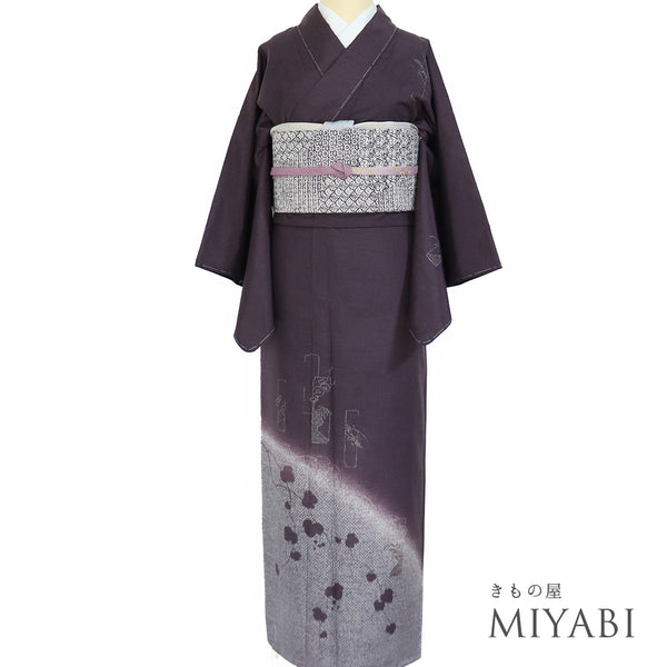付下げ リサイクル 身丈159.8cm 裄64cm 袷 紬 摺匹田に蔦柄 染め 箔 ゆったりサイズ パープル Mサイズ お洒落 正絹 広衿 Sランク