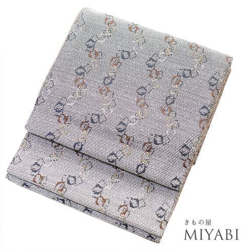 袋帯 リサイクル 帯丈446cm 全通 横縞に幾何学模様 ブラック Mサイズ 正絹 新品・未使用品 お洒落