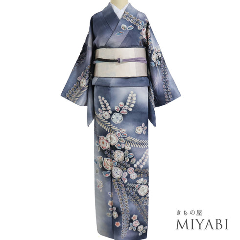 リサイクル 身丈159.5cm 裄66cm 袷 辻ヶ花 ぼかし ブルー Mサイズ お洒落 落款 正絹 広衿 Sランク