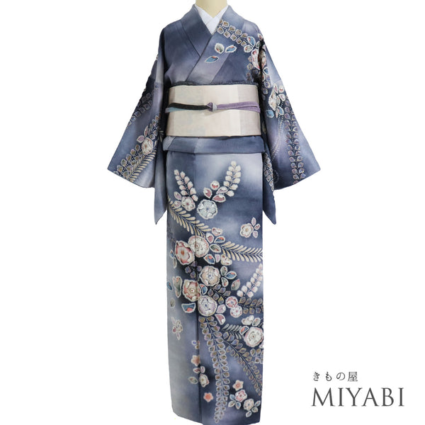 リサイクル 身丈159.5cm 裄66cm 袷 辻ヶ花 ぼかし ブルー Mサイズ お洒落 落款 正絹 広衿 Sランク