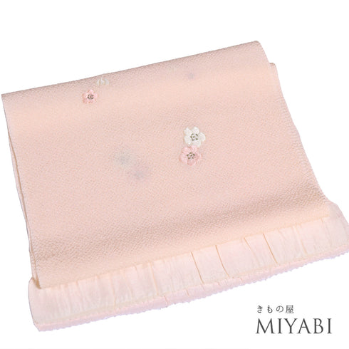 帯揚げ リサイクル お洒落 ちりめん 正絹 ピンク 梅柄 刺繍 未使用品 AG-1265