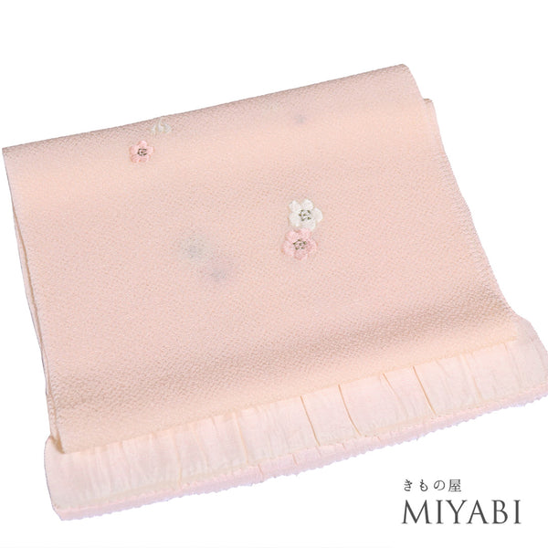 帯揚げ リサイクル お洒落 ちりめん 正絹 ピンク 梅柄 刺繍 未使用品 AG-1265