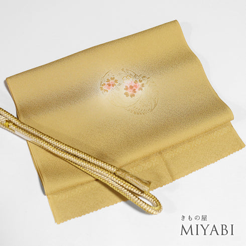 帯締め・帯揚げセット リサイクル お洒落 丸組紐 ちりめん イエロー 正絹 新品・未使用品 雪輪に花柄