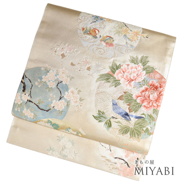 袋帯 リサイクル 帯丈440cm ポイント柄 丸に花や鳥柄 ゴールド Mサイズ 正絹 Sランク お洒落 カジュアル