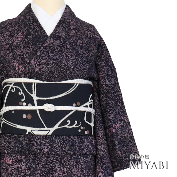 小紋 リサイクル 身丈156.2cm 裄62.6cm 袷 唐草模様 輝宝織 パープル Mサイズ お洒落 カジュアル 正絹 広衿 Sランク