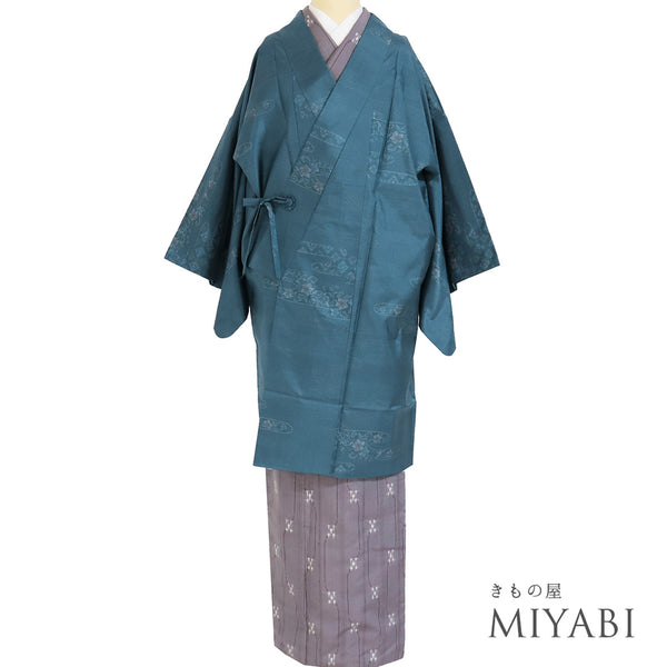 道中着 リサイクル 身丈99cm 裄66.2cm 袷 着物衿 エ霞に花柄 ブルー Mサイズ カジュアル 正絹 Sランク