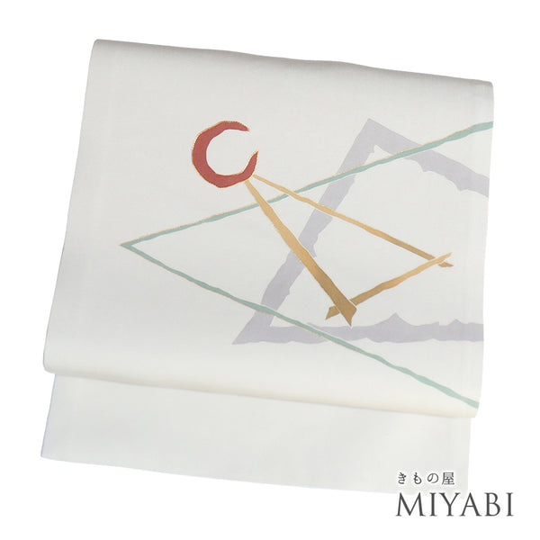 名古屋帯 リサイクル 帯丈372cm ポイント柄 三日月に三角柄 塩瀬 パールトーン加工 グレー Mサイズ 正絹 Sランク お洒落