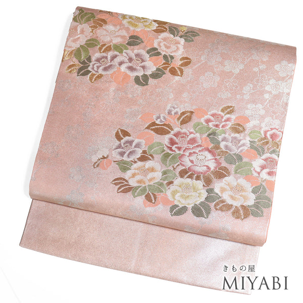 名古屋帯 リサイクル 帯丈365cm ポイント柄 椿や梅柄 花柄 ピンク Mサイズ 正絹 新品・未使用品 お洒落