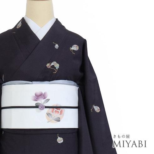 紬 リサイクル 身丈154.8cm 裄65cm 袷 鈴柄 パープル Sサイズ お洒落 カジュアル しつけ糸 正絹 広衿 Aランク