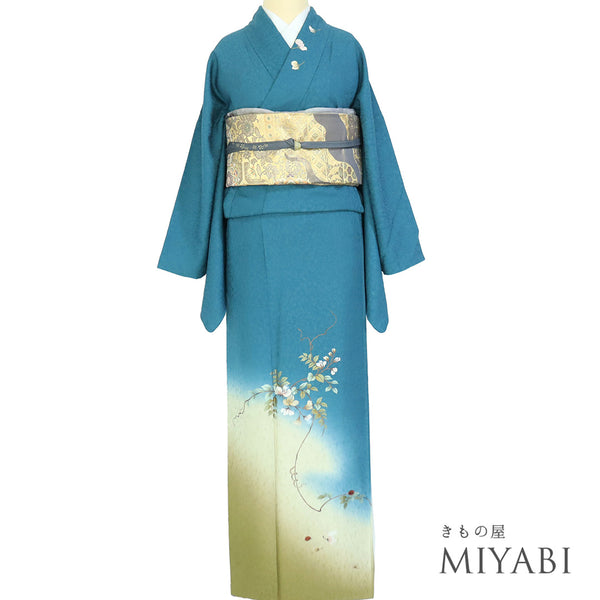 付下げ リサイクル 身丈170.5cm 裄70cm 袷 つる花 てんとう虫 刺繍 地紋 ブルー LLサイズ セミフォーマル お洒落 正絹 広衿 Sランク