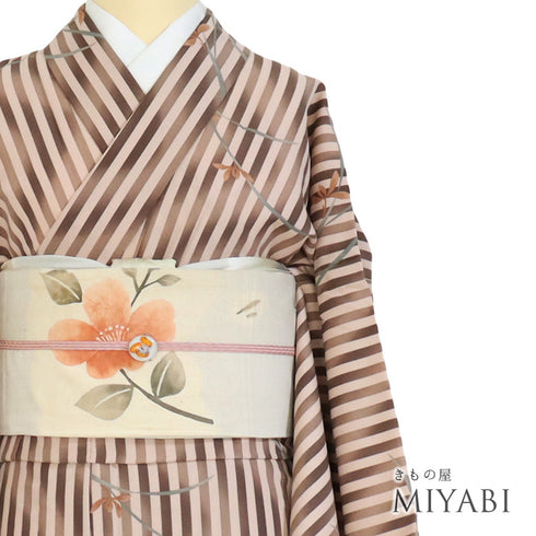 小紋 リサイクル 身丈161cm 裄70cm 単衣 縞柄 花柄 ブラウン Lサイズ お洒落 カジュアル ポリエステル 洗える着物 バチ衿 Sランク