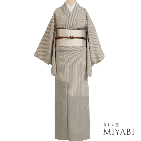 付下げ リサイクル 身丈166.8cm 裄66.2cm 袷 本塩沢 紬 ストライプ 雲取り ベージュ LLサイズ お洒落 正絹 広衿 Sランク