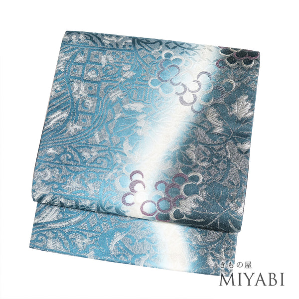 袋帯 リサイクル 帯丈456cm 全通 デザイン葡萄柄 グリーン Lサイズ 正絹 新品・未使用品 セミフォーマル お洒落