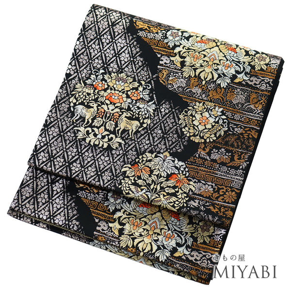 袋帯 リサイクル 帯丈436cm 六通 鴛鴦に鹿模様 ブラック Mサイズ 正絹 Sランク フォーマル