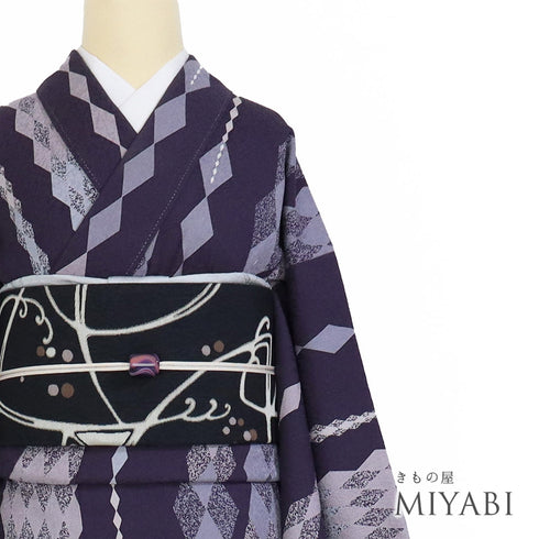 小紋 リサイクル 身丈152cm 裄64cm 袷 菱つなぎ柄 地紋 松本伸 パープル Sサイズ お洒落 カジュアル 正絹 バチ衿 Aランク