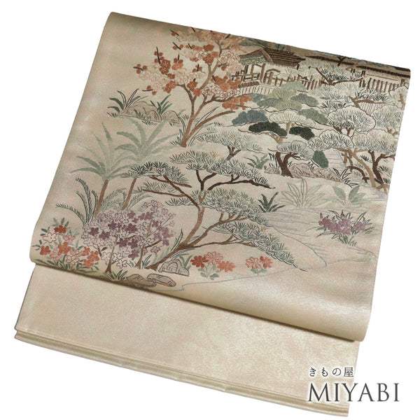 袋帯 リサイクル 帯丈448cm ポイント柄 浄土寺庭園 刺繍 ベージュ Mサイズ 正絹 Sランク セミフォーマル お洒落
