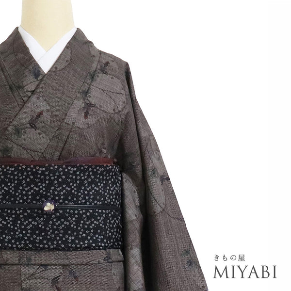 紬 リサイクル 身丈156.5cm 裄62.5cm 袷 植物柄 花柄 ブラウン Mサイズ カジュアル お洒落 正絹 広衿 Sランク