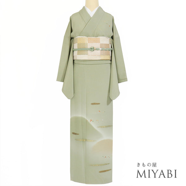 訪問着 リサイクル 身丈157.7cm 裄67.8cm 袷 山に霞模様 刺繍 箔 グリーン Mサイズ お洒落 セミフォーマル 正絹 広衿 Aランク