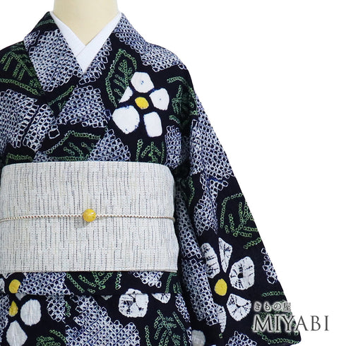 浴衣 リサイクル 夏着物 身丈152.5cm 裄65cm 夏物 花柄に麻の葉柄 絞り ネイビー Sサイズ カジュアル 木綿 洗える着物 バチ衿 Sランク