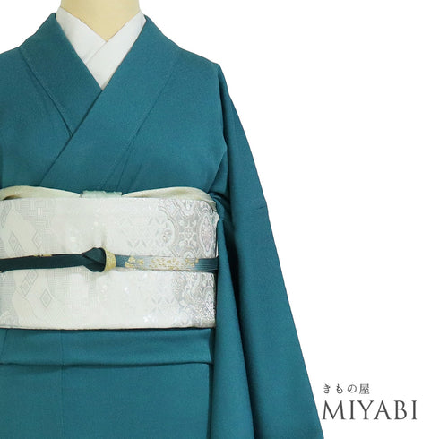 色無地 リサイクル 身丈169cm 裄69.6cm 袷 ブルー LLサイズ セミフォーマル 一つ紋 正絹 広衿 地紋あり Sランク