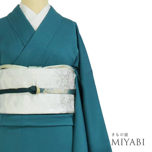 色無地 リサイクル 身丈169cm 裄69.6cm 袷 ブルー LLサイズ セミフォーマル 一つ紋 正絹 広衿 地紋あり Sランク