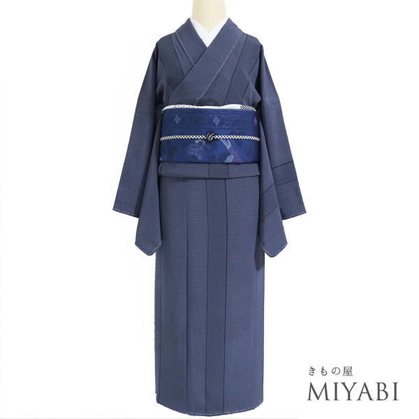 付下げ リサイクル 身丈161.7cm 裄68.6cm 袷 ・格子柄 縞柄 ゆったり ブルー Lサイズ お洒落 落款 しつけ糸 正絹 広衿 Sランク