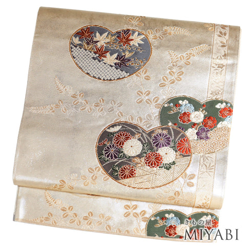 袋帯 リサイクル 帯丈432cm 六通 杜若や菊や梅柄 地紋 箔 ゴールド Sサイズ 正絹 Sランク フォーマル セミフォーマル