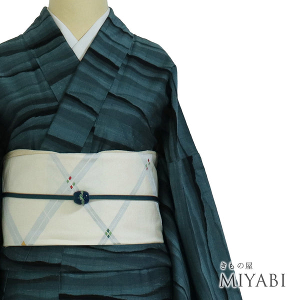 紬 リサイクル 身丈163.7cm 裄69.8cm 袷 一蔵プレミアム10加工 雲海模様 グリーン Lサイズ カジュアル お洒落 正絹 広衿 Sランク