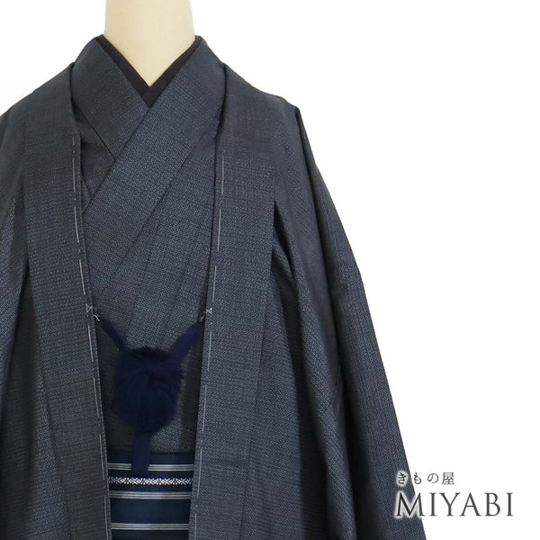 アンサンブル 男物 リサイクル 身丈148.2cm 裄76.4cm 羽織丈99cm 袷 大島紬 ゆったり ネイビー Mサイズ お洒落 カジュアル しつけ糸 正絹 棒衿 Sランク