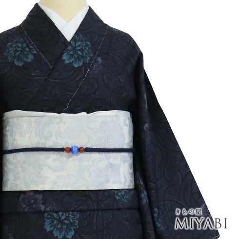 大島紬 リサイクル 身丈160.7cm 裄63.8cm 袷 花 唐草 ネイビー Lサイズ お洒落 カジュアル しつけ糸 正絹 広衿 Sランク