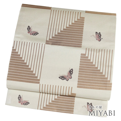 京袋帯 リサイクル 帯丈386cm 六通 市松に蝶柄 ブラウン Lサイズ ポリエステル 新品・未使用品 お洒落