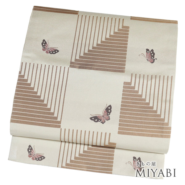 京袋帯 リサイクル 帯丈386cm 六通 市松に蝶柄 ブラウン Lサイズ ポリエステル 新品・未使用品 お洒落