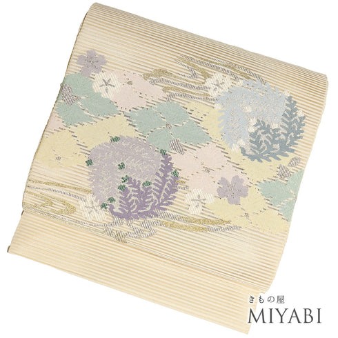 名古屋帯 リサイクル 帯丈381cm ポイント柄 8寸 絽 花柄 金銀糸加工 アイボリー Lサイズ 不明 Sランク カジュアル