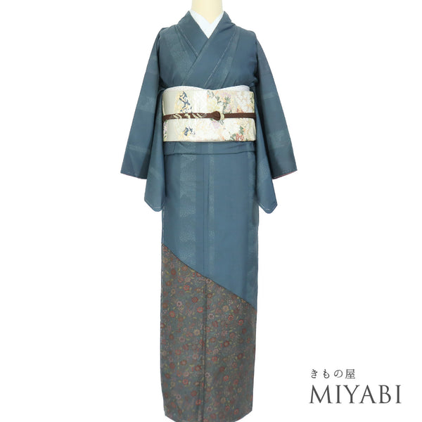 訪問着 リサイクル 身丈157.3cm 裄64cm 袷 染め大島紬 たたき縞に花更紗模様 箔 グリーン Mサイズ お洒落 正絹 広衿 Sランク