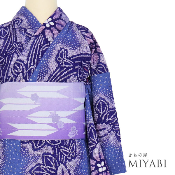 浴衣 リサイクル 夏着物 身丈154.8cm 裄64cm 夏物 絞り 花と蝶々柄 地紋 後身頃居敷当て付き パープル Sサイズ カジュアル 木綿 洗える着物 バチ衿 Aランク