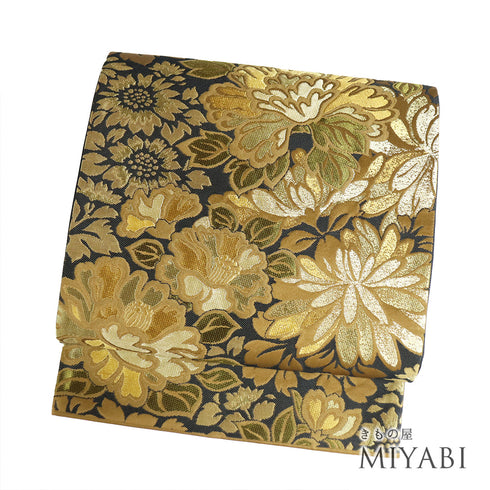 袋帯 リサイクル 帯丈430cm 六通 花各種柄 刺繍 こむさでもーど ブラック Sサイズ 正絹 Sランク お洒落