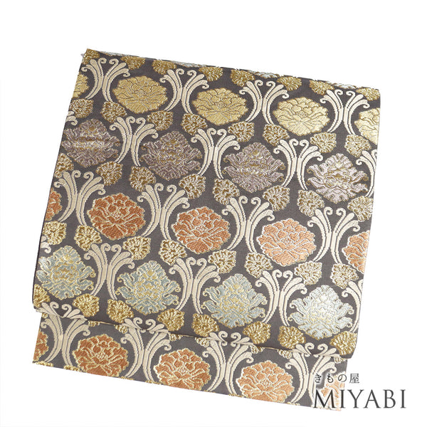 袋帯 リサイクル 帯丈438cm 六通 立涌牡丹文様 ブラウン Mサイズ 正絹 Sランク フォーマル セミフォーマル