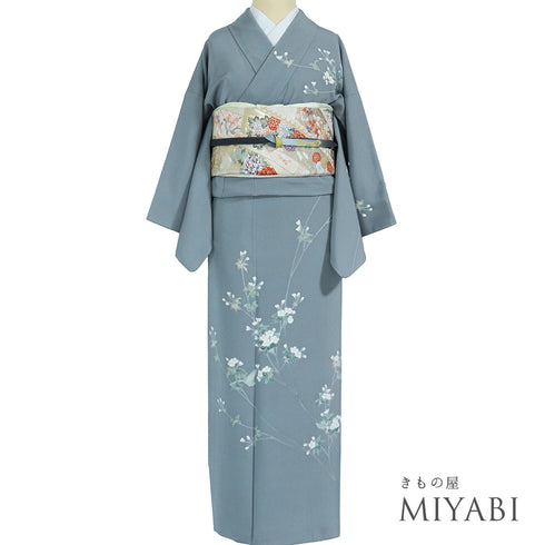 訪問着 リサイクル 身丈151cm 裄62.4cm 袷 花鳥柄 峰山 グレー Sサイズ お洒落 落款 正絹 広衿 Sランク