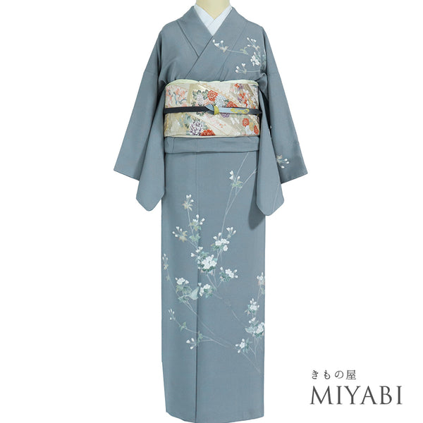 訪問着 リサイクル 身丈151cm 裄62.4cm 袷 花鳥柄 峰山 グレー Sサイズ お洒落 落款 正絹 広衿 Sランク