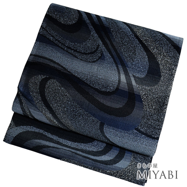 袋帯 リサイクル 帯丈430cm 全通 藍染和紙織 流水柄 ネイビー Sサイズ 正絹 Sランク お洒落