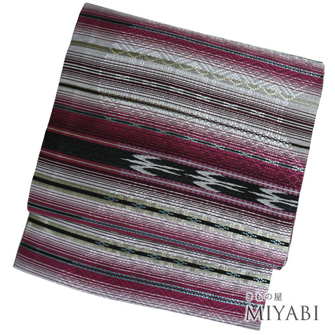 名古屋帯 リサイクル 帯丈380cm 全通 西陣花織 幾何学柄 パープル Lサイズ 正絹 未使用品 お洒落