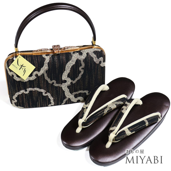 草履・バッグセット リサイクル カジュアル ブラウン 正絹 未使用品 雪輪柄