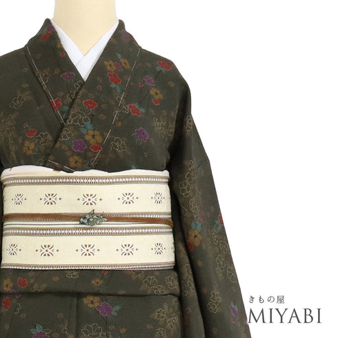 小紋 リサイクル 身丈163.2cm 裄63.6cm 袷 小花散らし柄 グリーン Lサイズ お洒落 カジュアル しつけ糸 正絹 広衿 Sランク