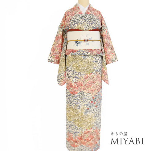 付下げ リサイクル 身丈158.3cm 裄62.7cm 袷 小紋 デザイン花模様 型染め アイボリー Mサイズ お洒落 カジュアル 正絹 広衿 Aランク