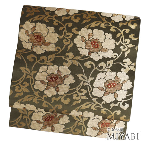 袋帯 リサイクル 帯丈432cm 六通 牡丹唐草柄 徳扇 グリーン Sサイズ 正絹 Sランク セミフォーマル お洒落