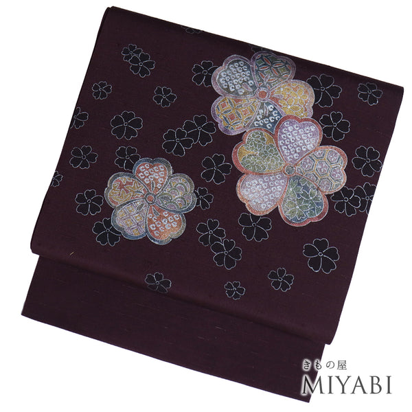 名古屋帯 リサイクル 帯丈364.5cm ポイント柄 捻梅柄 紬 パープル Mサイズ 正絹 Sランク カジュアル お洒落