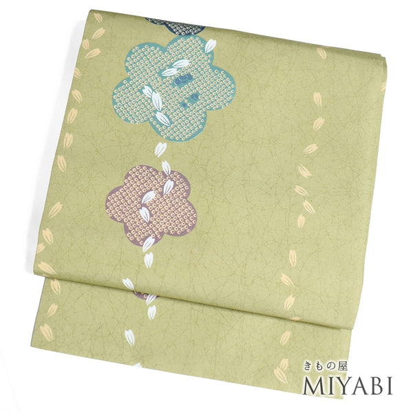 名古屋帯 リサイクル 帯丈372.5cm 全通 梅に花びら柄 グリーン Mサイズ 正絹 Sランク カジュアル お洒落