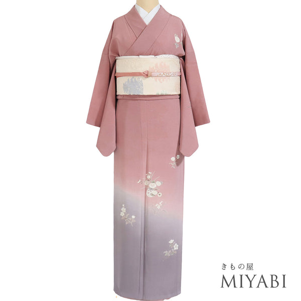 付下げ リサイクル 身丈156.3cm 裄64.4cm 袷 花籠柄 刺繍 ピンク Mサイズ お洒落 正絹 広衿 Sランク
