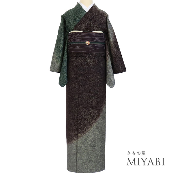 訪問着 リサイクル 身丈163.8cm 裄66.4cm 袷 結城紬 葡萄柄 グリーン Lサイズ お洒落 正絹 広衿 Sランク