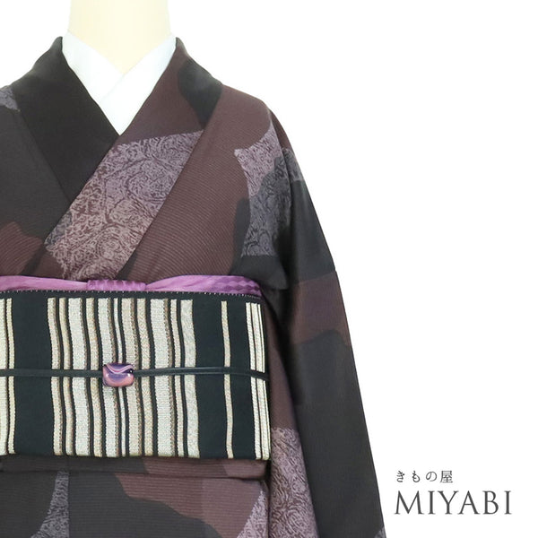 小紋 リサイクル 身丈160cm 裄65.2cm 袷 染めわけ 地紋 ブラック Mサイズ お洒落 カジュアル 正絹 広衿 Aランク